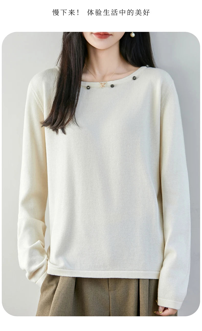 High end fashion 100% pure cotton women's sweater casual knitted round neck pullover autumn and winter solid color women's top