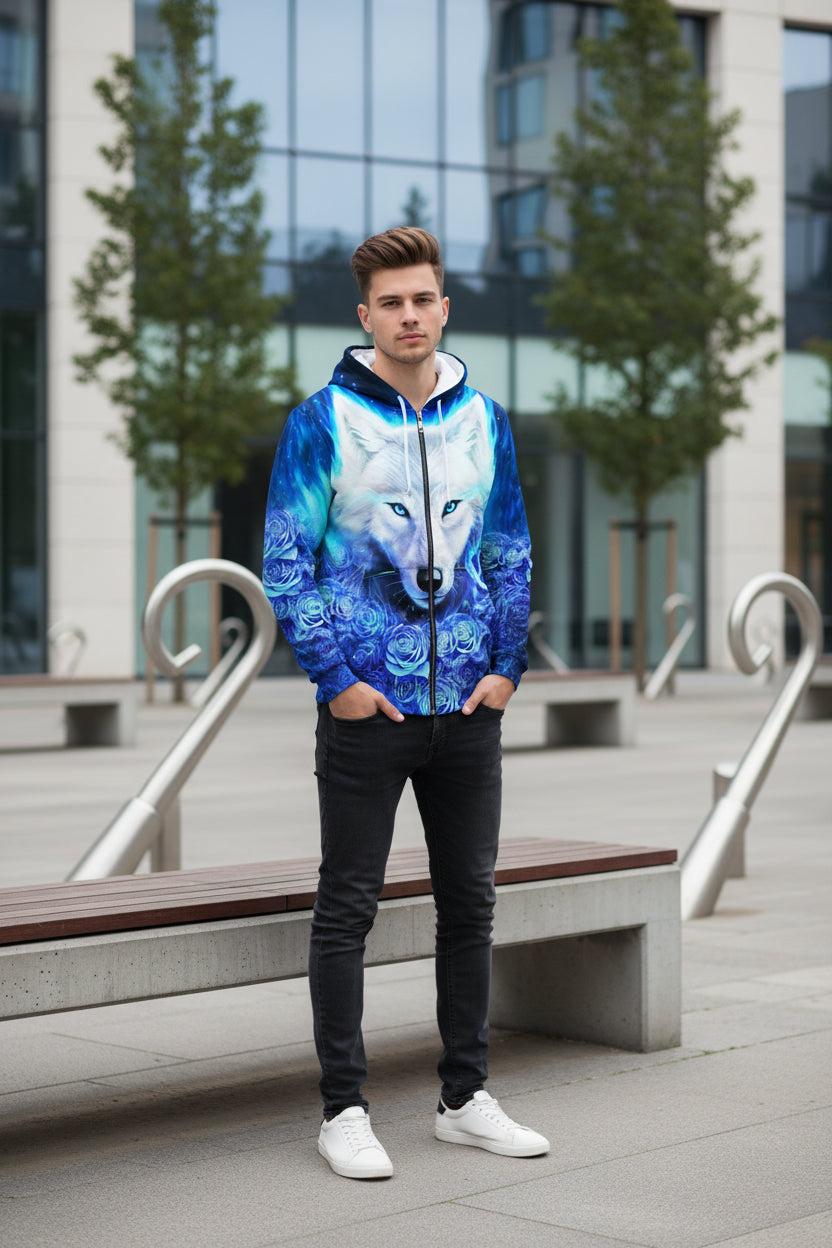 Hoodie with a wolf and floral design on a white background