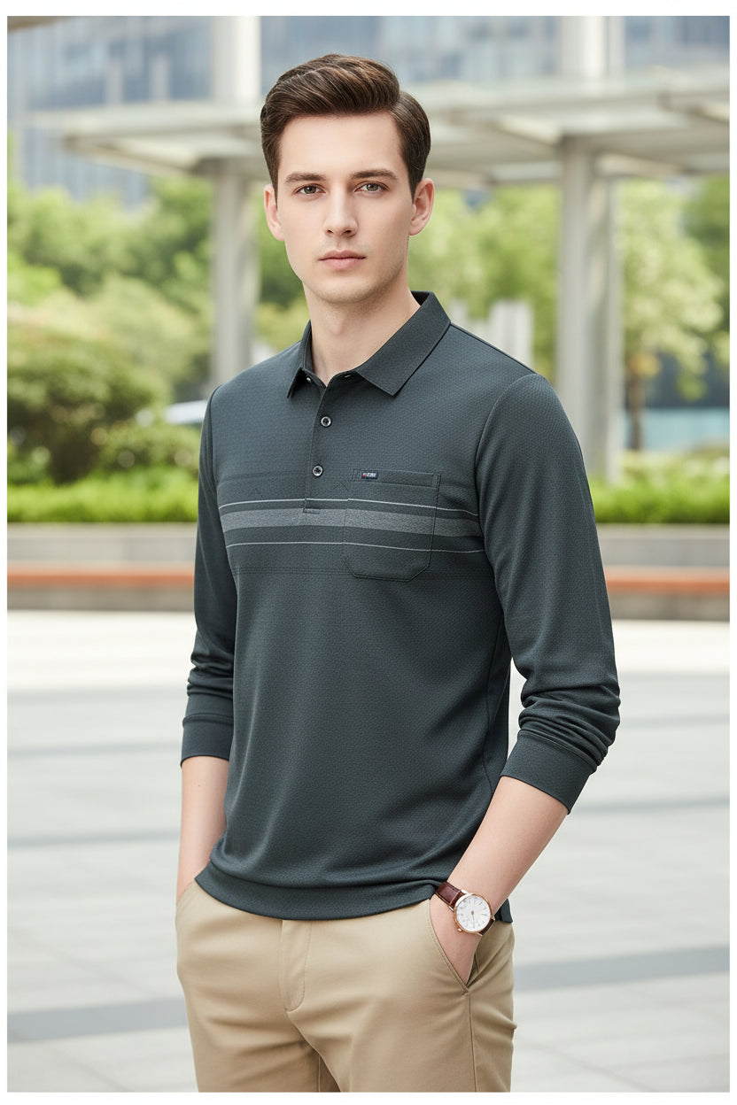 Luxury Wool Blend Fabric Men's Long Sleeve Polo  Classic