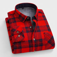Red plaid shirt with gray lining on a white background