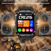 A black smartwatch with a colorful digital display is centered, flanked by two large speaker graphics, 