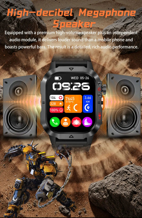 A black smartwatch with a colorful digital display is centered, flanked by two large speaker graphics, 