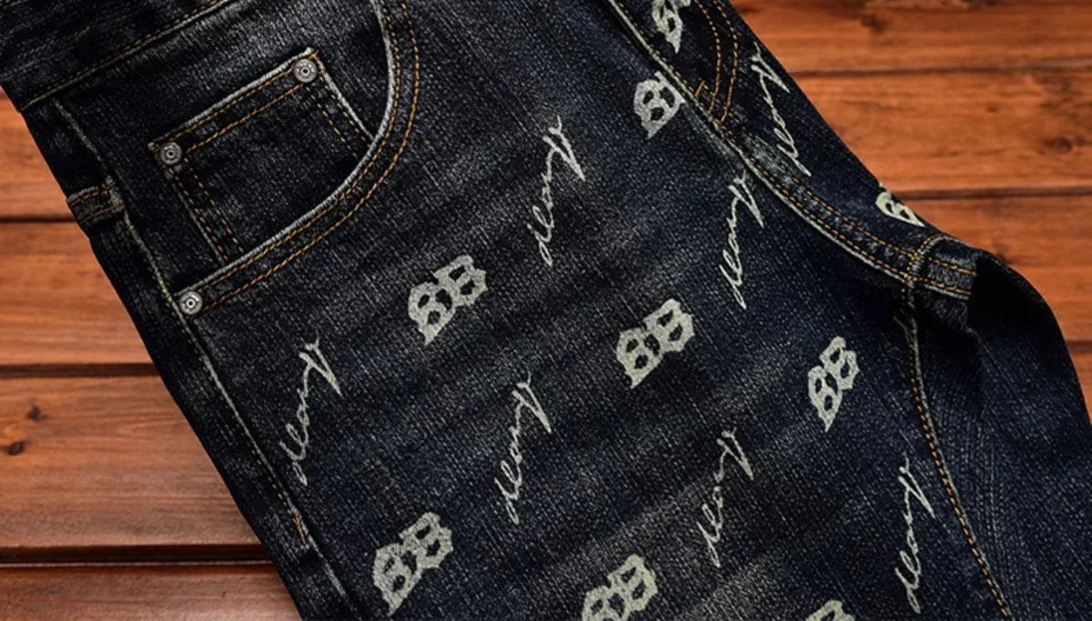 Autumn and winter light luxury printed jeans MEN'S slim fit skinny elastic trend fashionable retro blue denim trove