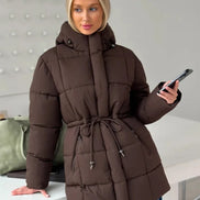 Brown Hooded Quilted Cotton Jacket Fashion Waist Cinch Drawstring Zip Pocket Warm Coat 2026 Women's Winter Casual Street Outfit