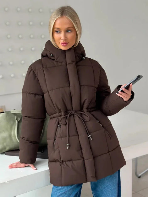 Brown Hooded Quilted Cotton Jacket Fashion Waist Cinch Drawstring Zip Pocket Warm Coat 2026 Women's Winter Casual Street Outfit