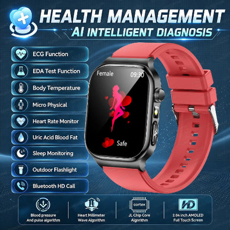 A red smartwatch with a black screen displaying health monitoring icons, shown on a blue promotional background 