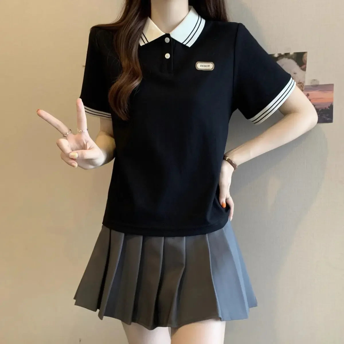 Baggy Female Tee Women's Polo Short Sleeve T-shirt Korean Clothing Youthful Elegant in Trend 2025 Sales Youth Aesthetic T-shirts