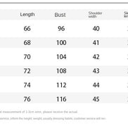 A size measurement chart with a table showing sizes 48 to 58, corresponding lengths, bust measurements, shoulder widths, and sleeve lengths.