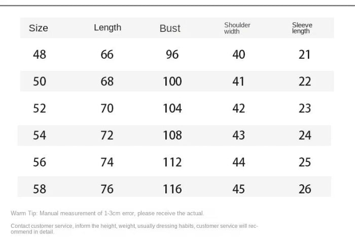 A size measurement chart with a table showing sizes 48 to 58, corresponding lengths, bust measurements, shoulder widths, and sleeve lengths.