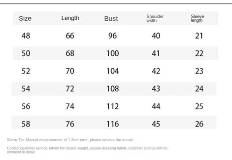 A size measurement chart with a table showing sizes 48 to 58, corresponding lengths, bust measurements, shoulder widths, and sleeve lengths.