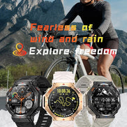 Woman riding a bicycle with mountainous background, featuring smartwatches on display.