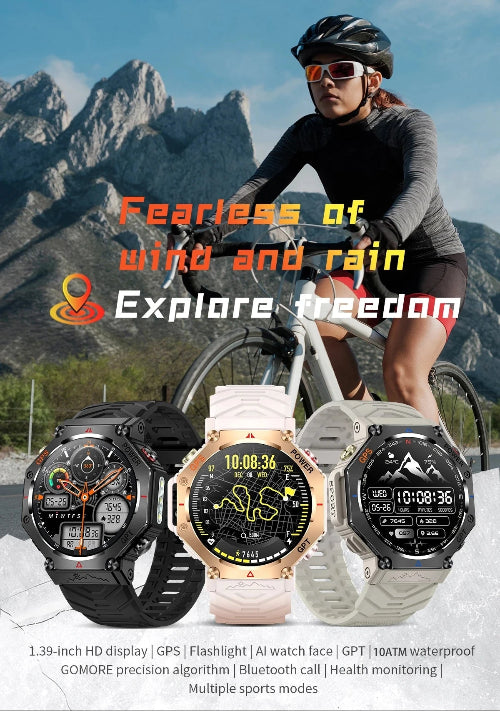 Woman riding a bicycle with mountainous background, featuring smartwatches on display.