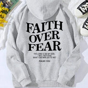 Gray hoodie with 'Faith Over Fear' text on a light background