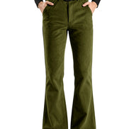 Olive green flared pants with a black belt, modeled with a black long-sleeve top and black shoes against a white background.