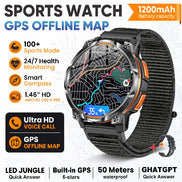 A black sports watch with a textured black strap and a map display on the screen, shown on a white background with promotional text and icons for GPS, sports 