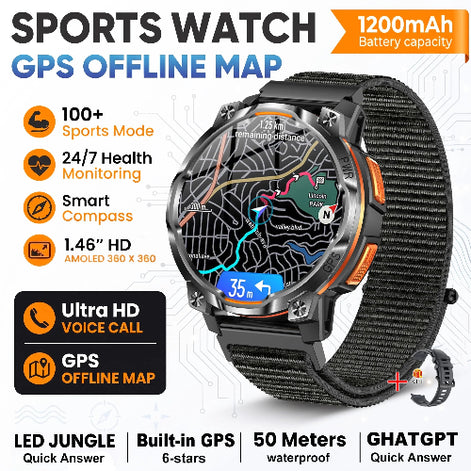 A black sports watch with a textured black strap and a map display on the screen, shown on a white background with promotional text and icons for GPS, sports 