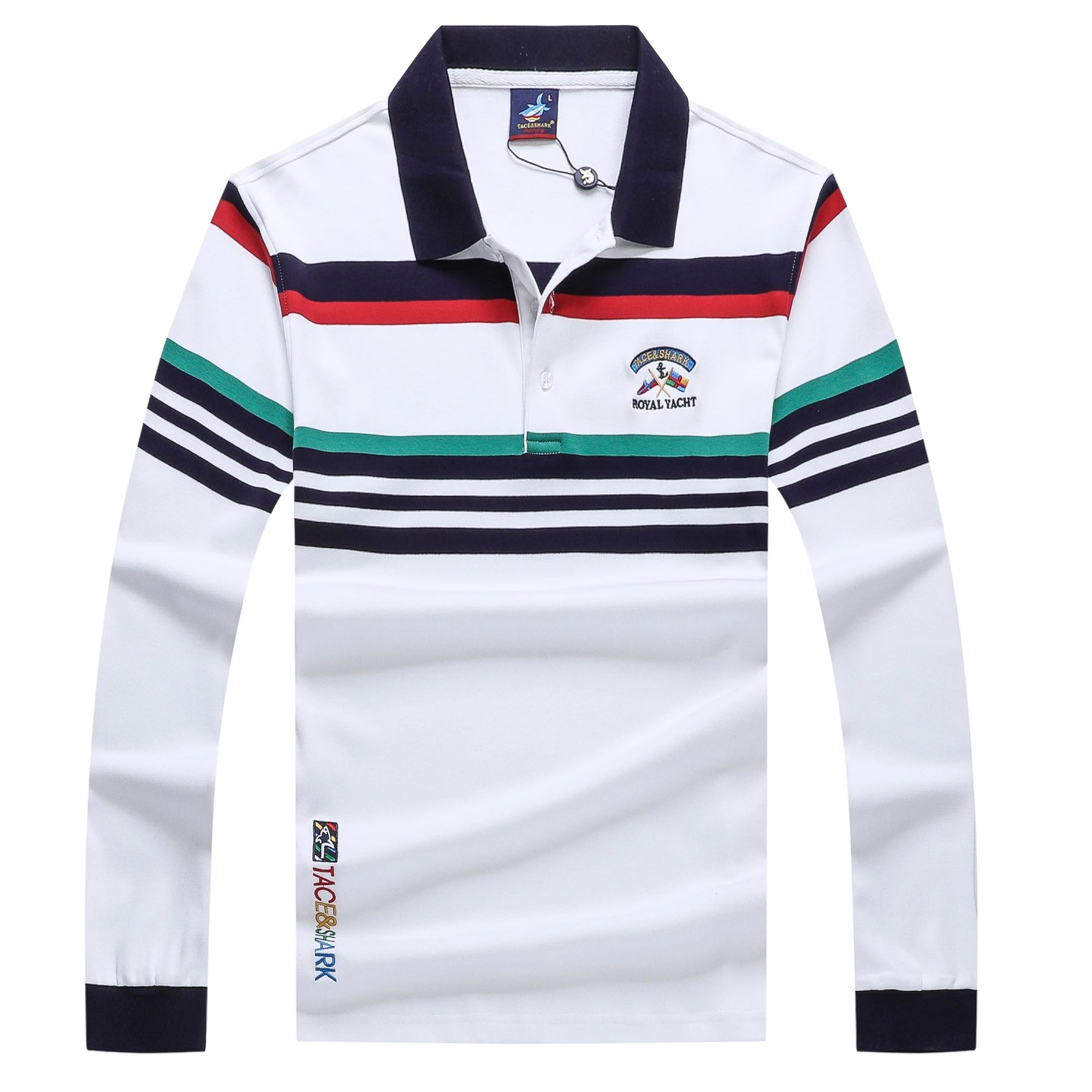 White long-sleeve polo shirt with colorful stripes on a white background