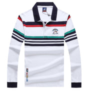 White long-sleeve polo shirt with colorful stripes on a white background