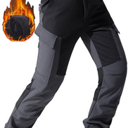 Black and gray cargo pants shown at an angle with a flame graphic overlay.