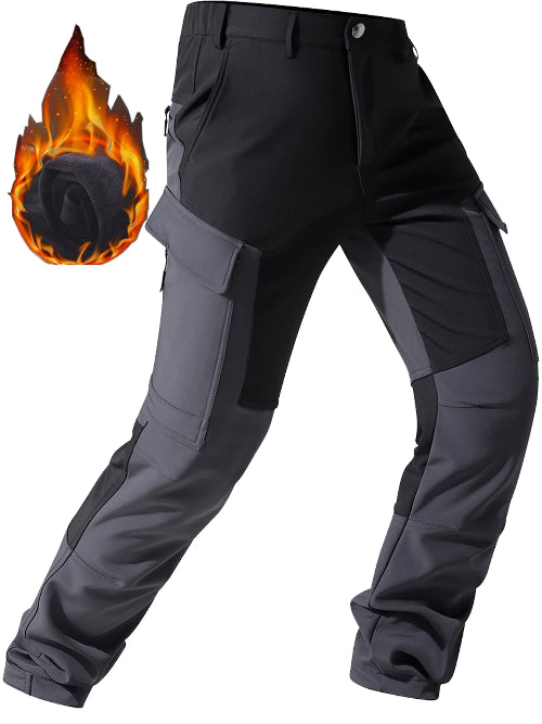 Black and gray cargo pants shown at an angle with a flame graphic overlay.