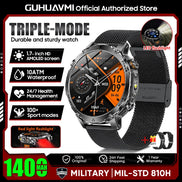 Smartwatch with features highlighted on a promotional graphic for GUHUAVMI.