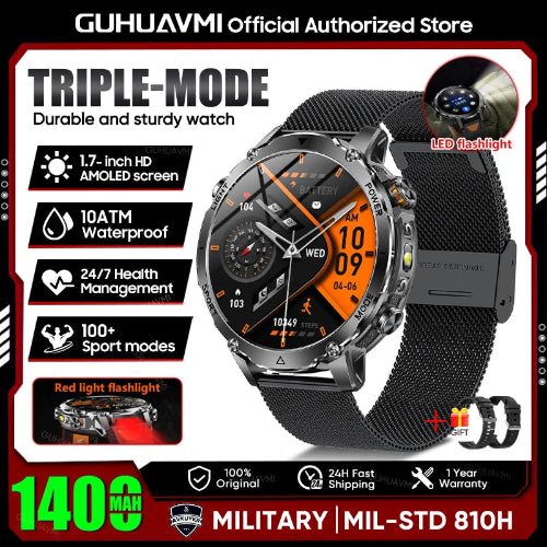 Smartwatch with features highlighted on a promotional graphic for GUHUAVMI.