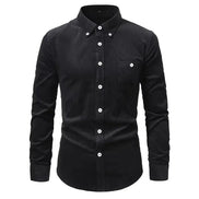 A black long-sleeve button-down shirt with a pointed collar, white buttons, and a single chest pocket, displayed on a clean white background.