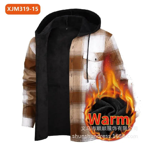 Plaid shirt with black hood and flame graphic indicating warmth, on a white background.