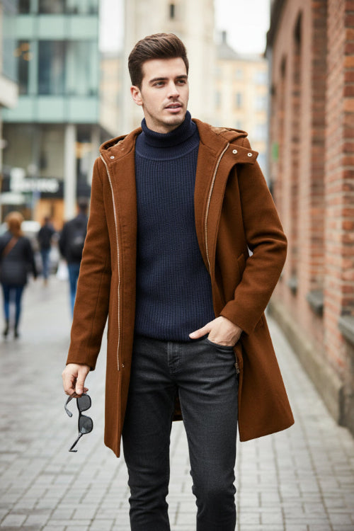 A man wearing a brown hooded mid-length coat over a navy blue ribbed turtleneck sweater 