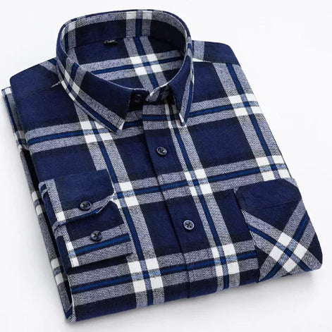 A folded long-sleeve plaid button-up shirt in navy blue, gray, and white, displayed on a clean white background.