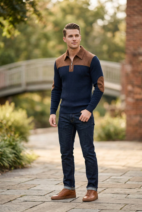 Navy sweater with brown collar and arm patches on a white background