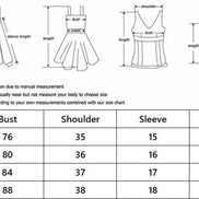 A size measurement chart showing line drawings of a blouse, dress, tank top, and skirt with labeled dimensions, plus a size table in centimeters with columns for S, M, L, XL, Bust, Shoulder, Sleeve, and Length.