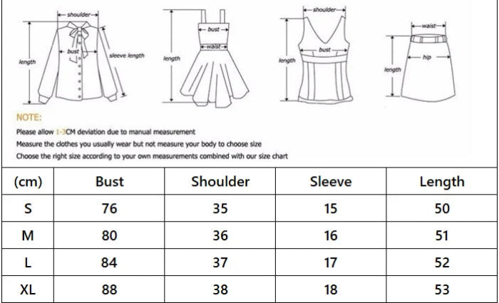 A size measurement chart showing line drawings of a blouse, dress, tank top, and skirt with labeled dimensions, plus a size table in centimeters with columns for S, M, L, XL, Bust, Shoulder, Sleeve, and Length.