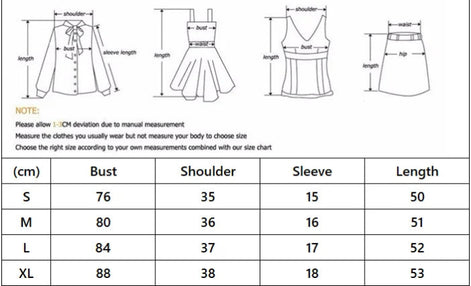 A size measurement chart showing line drawings of a blouse, dress, tank top, and skirt with labeled dimensions, plus a size table in centimeters with columns for S, M, L, XL, Bust, Shoulder, Sleeve, and Length.