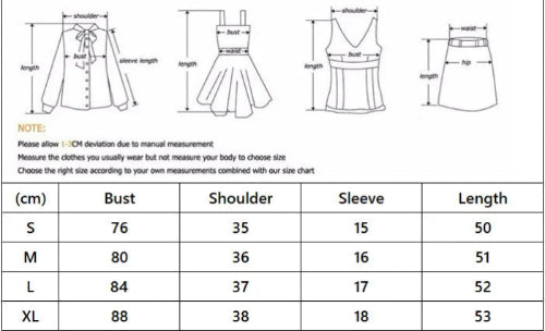 A size measurement chart showing line drawings of a blouse, dress, tank top, and skirt with labeled dimensions, plus a size table in centimeters with columns for S, M, L, XL, Bust, Shoulder, Sleeve, and Length.