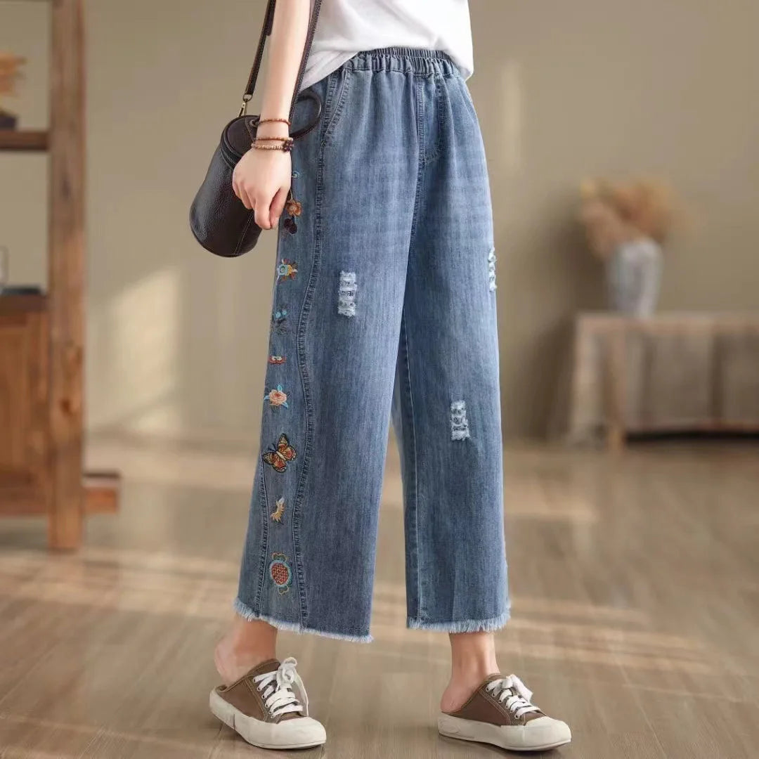 Spring Summer Ethnic Style Vintage Floral Embroidery Denim Wide Leg Pants Women High Elastic Waist Hole Casual Straight Jeans