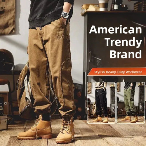 Model wearing khaki loose-fit cargo pants with elastic cuffs and tan boots, with inset views of black and green options.