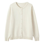 An off-white cream-colored knit cardigan sweater with a round neckline, button-up front, and ribbed cuffs and hem, shown