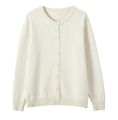 An off-white cream-colored knit cardigan sweater with a round neckline, button-up front, and ribbed cuffs and hem, shown
