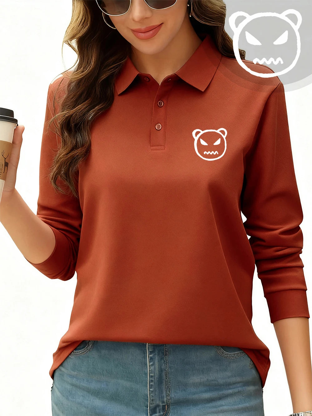 Angry Bear Printing Polo Shirt Womens Autumn Breathable Lapel T-Shirts Commuting Long Sleeves Tops Sporty Womans New Workwear