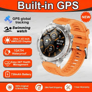 Smartwatch with orange band on a gray background, featuring built-in GPS and various features.