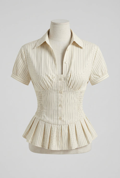 Woman wearing a striped shirt with a peplum waist in an indoor setting