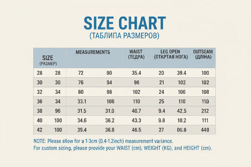 Size chart for pants with measurements in centimeters and inches.