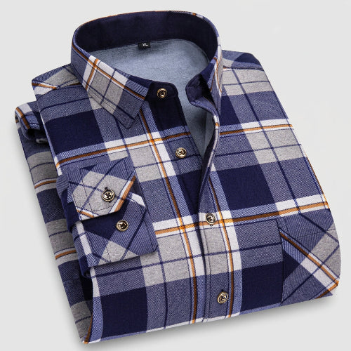 Blue and gray plaid shirt with close-up of fabric texture on a white background