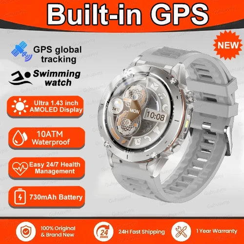 Smartwatch with built-in GPS features on a gray background