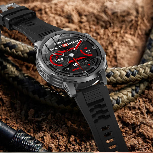 Smartwatch with black strap on a textured surface