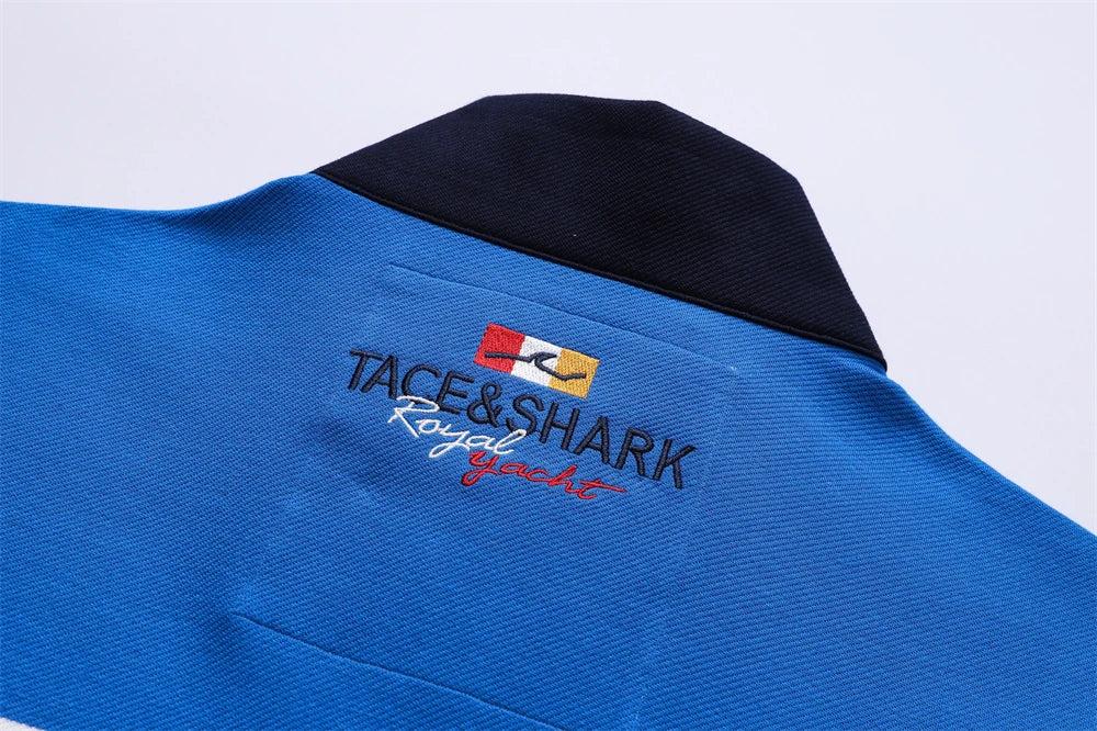 TACE&SHARK Brand Shark Fashion Men‘s Long Sleeve Stand Collar Polo Shirt Striped Breathable Cotton Casual Wear Business Style