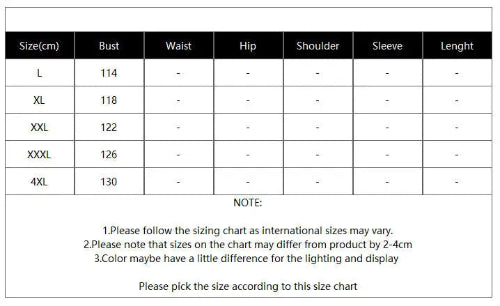 A size measurement chart table showing bust, waist, hip, shoulder, sleeve, and length measurements in centimeters for sizes L, XL, XXL, XXXL, and 4XL, with a note below.