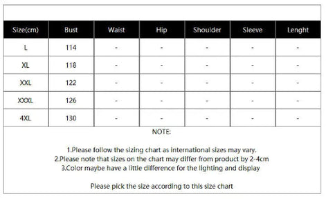 A size measurement chart table showing bust, waist, hip, shoulder, sleeve, and length measurements in centimeters for sizes L, XL, XXL, XXXL, and 4XL, with a note below.