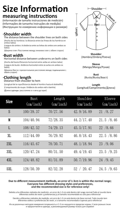 Size chart and measuring instructions for a shirt with dimensions in centimeters and inches.
